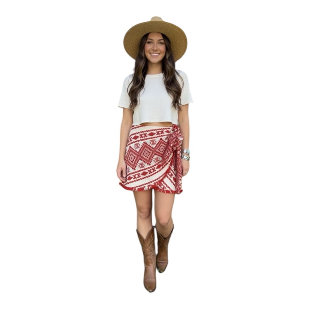 Judith March Women’s Bohemian Red/Ivory Asymmetrical Wrap Skirt SZ M